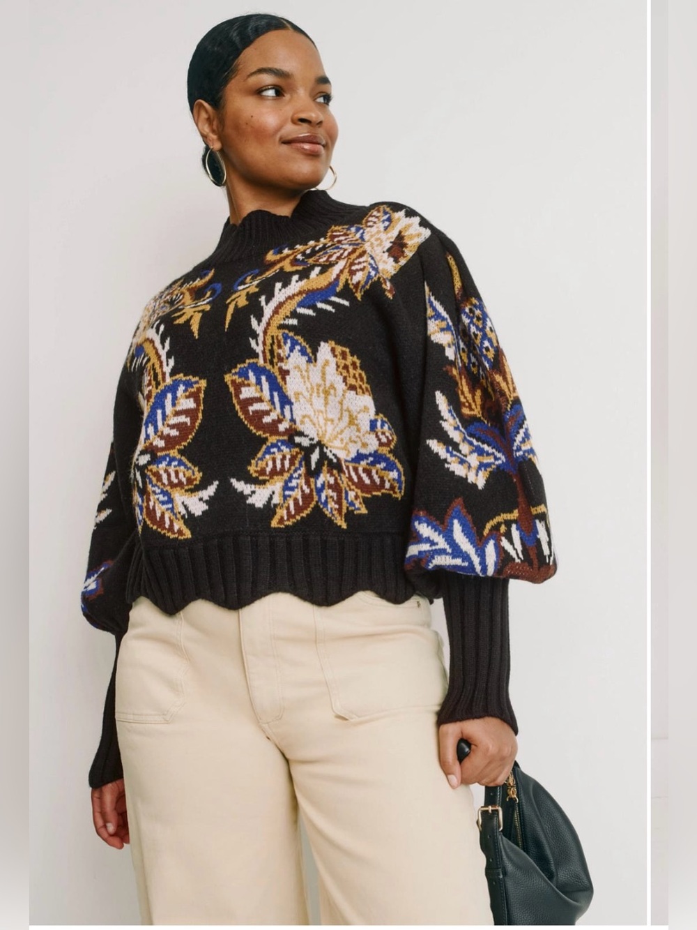 FARM Rio Arabesque Paradise Knit Sweater Black Floral Jacquard Mock Neck XL NWT - Picture 2 of 11